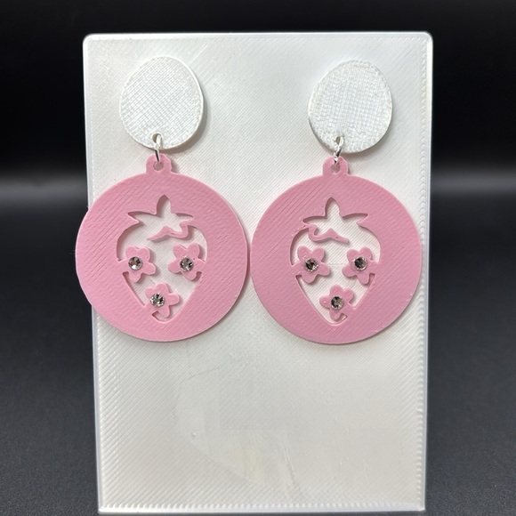 Pink Strawberry Dangle Earrings With Rhinestones - Picture 3 of 5